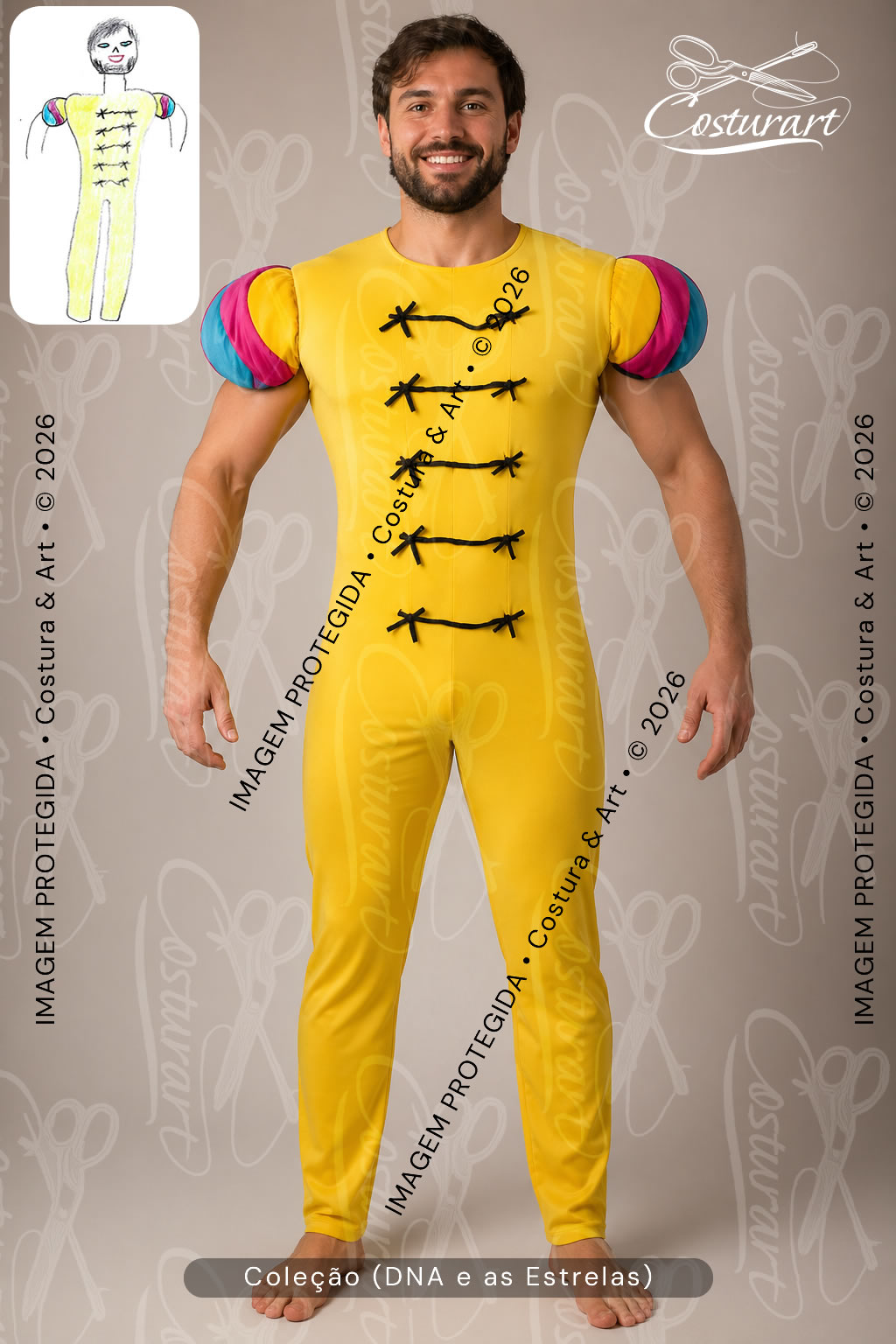 Figurino artístico amarelo Costura & Art para teatro e eventos