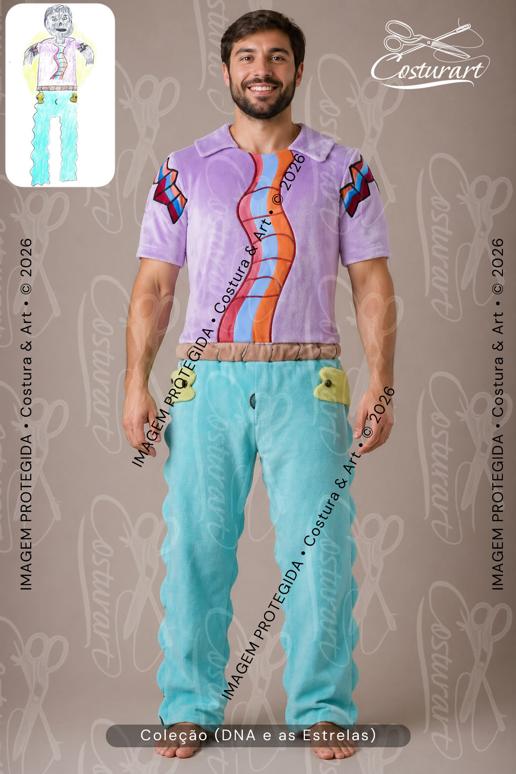 Roupa masculina cenográfica Costura & Art com acabamento colorido